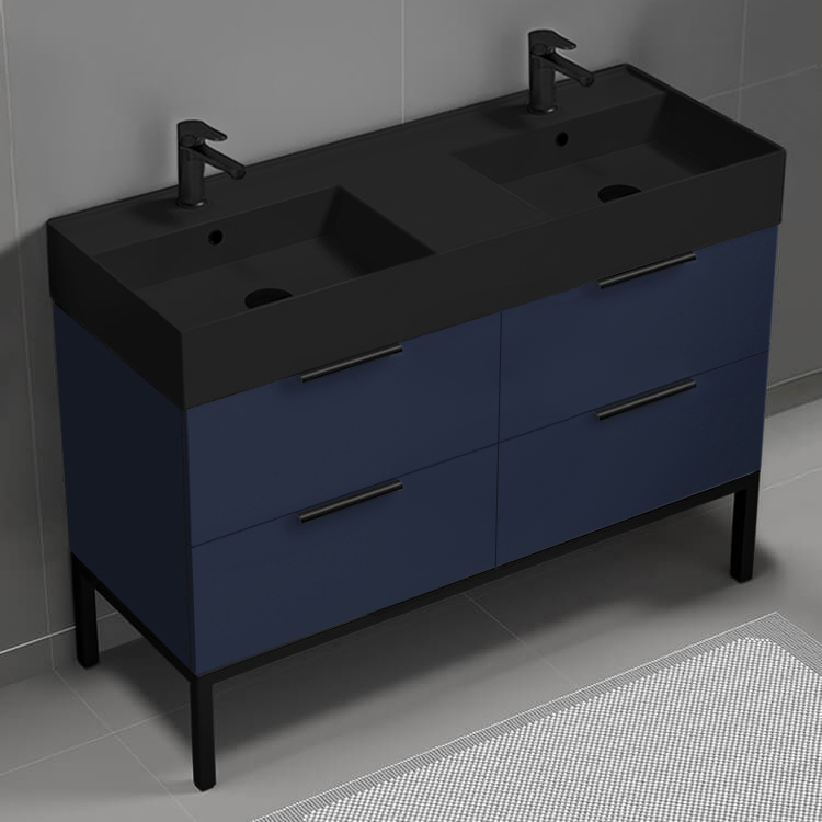 Nameeks DERIN440 48 Inch Bathroom Vanity With Black Sink, Double Sink, Modern, Floor Standing, Night Blue
